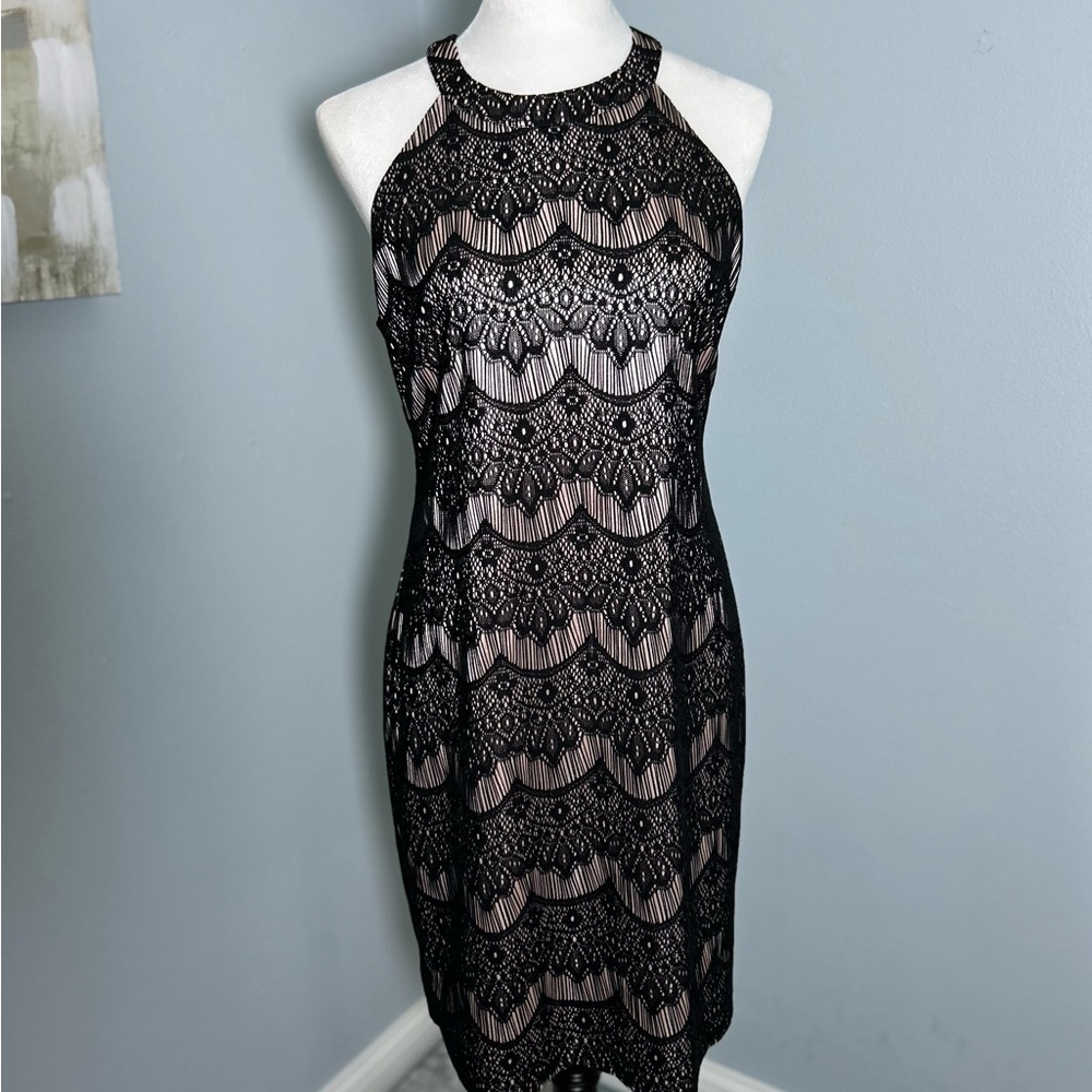 Guess VTG Black Crochet Lace Halter Neck Lined Sheath Dress Sleeveless Cocktail